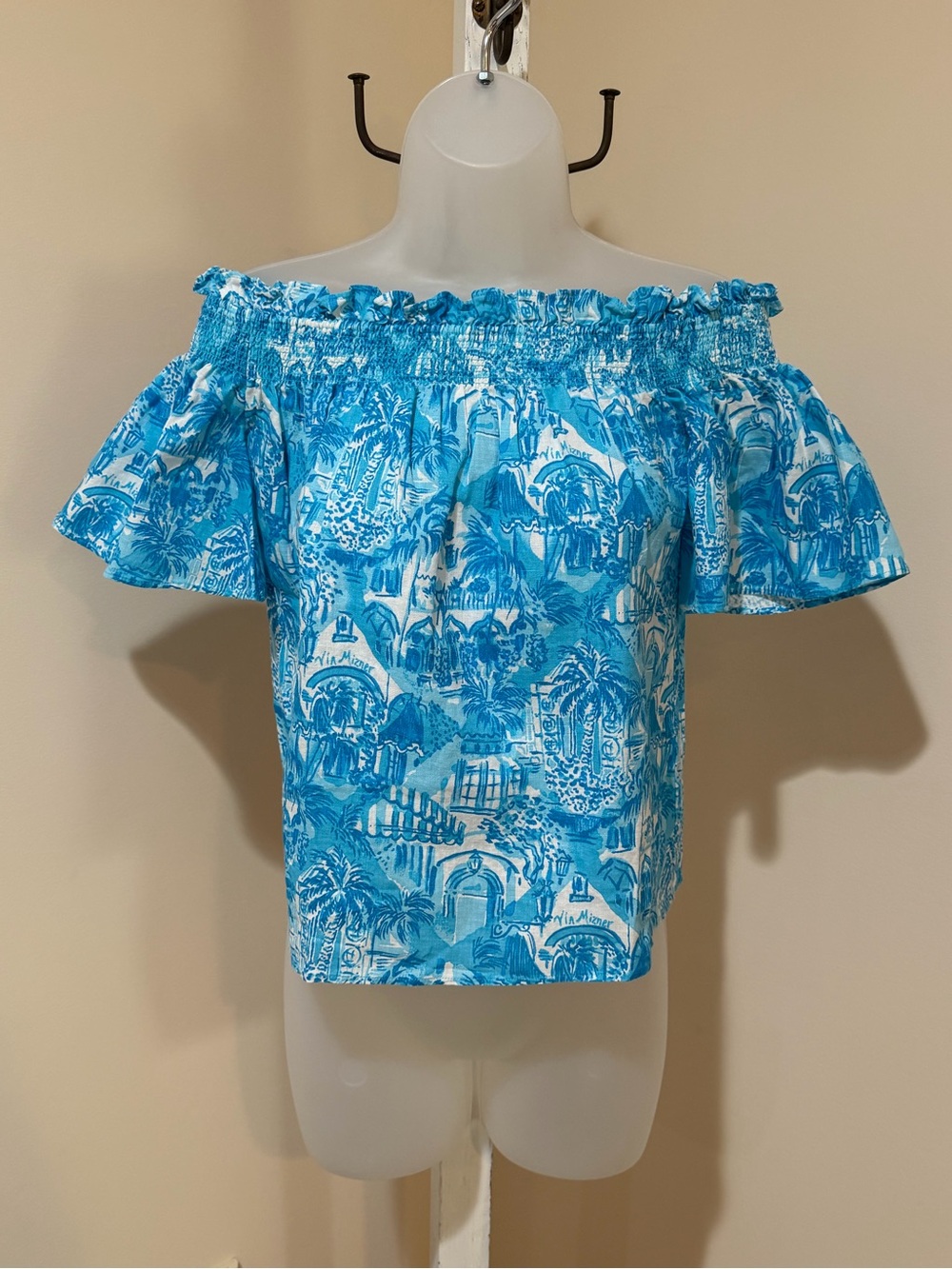 NEW Lilly Pulitzer Leanne Off Shoulder Linen Amalfi Blue Sunny State of Mind XXS - Picture 7 of 12